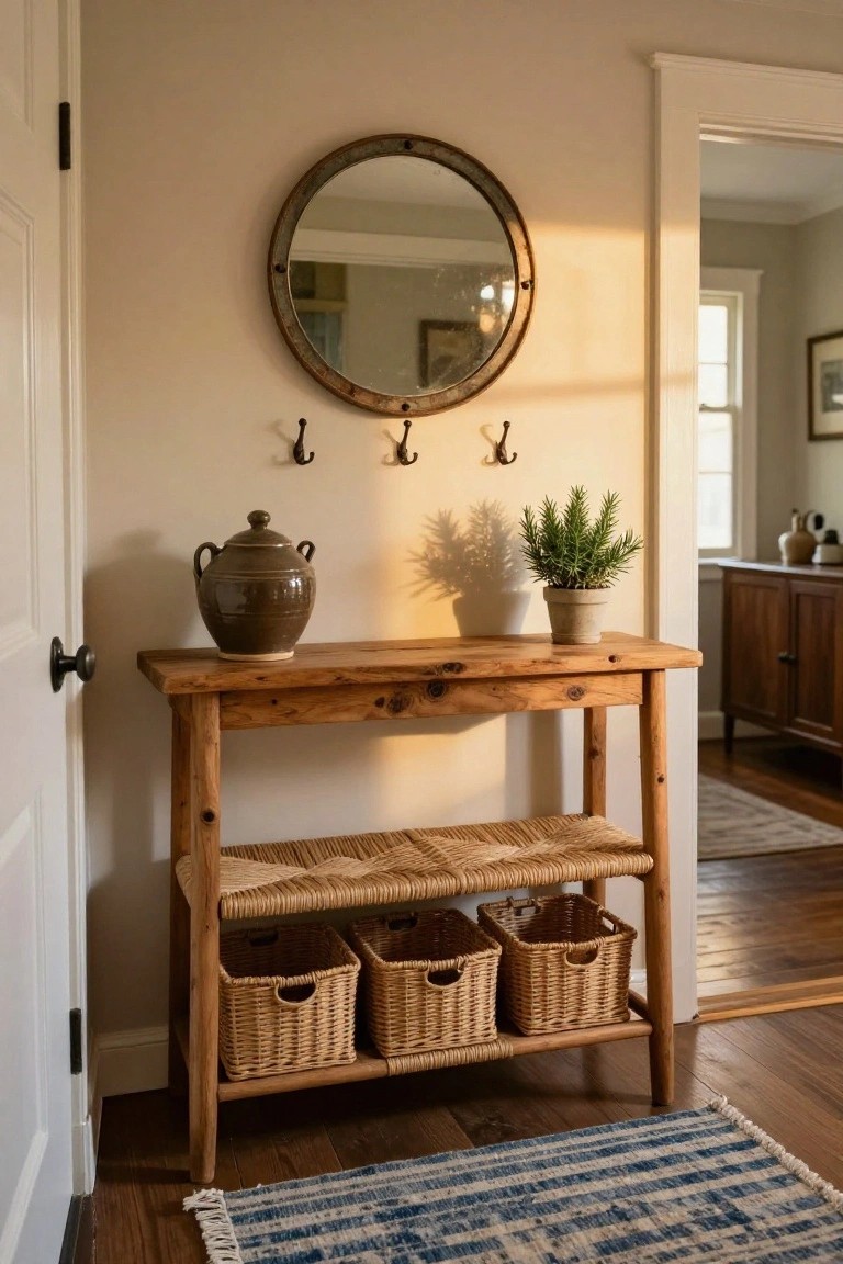Narrow rustic wooden console table with three woven baskets underneath and a bench seat, positioned by a white door in a beige entryway with wall hooks, round metal mirror, pottery jar, and potted rosemary plant.