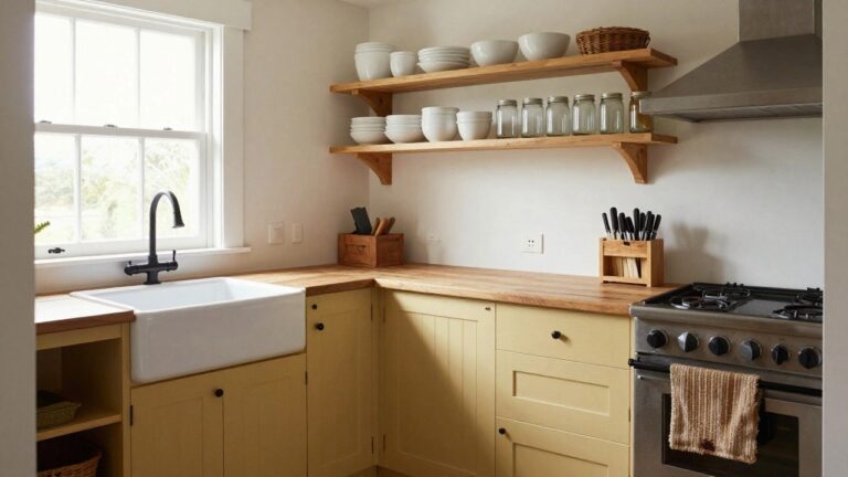 Corner of a cream shiplap farmhouse kitchen with wooden open shelves holding white bowls, glass jars, and utensils, white farmhouse sink, butcher block countertop, and cream cabinets next to a stainless stove.