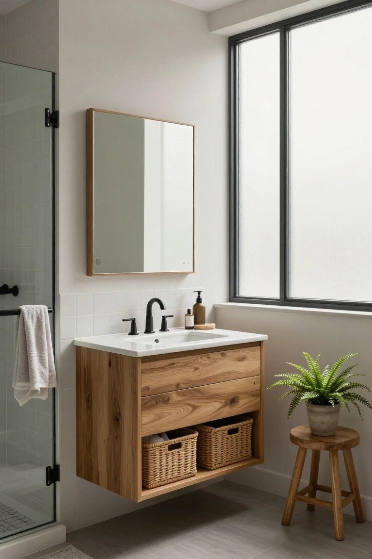 A small modern farmhouse bathroom with a wall-mounted wooden vanity, black faucet, rectangular mirror, glass shower enclosure, woven baskets underneath the vanity, and a potted fern on a wooden stool.