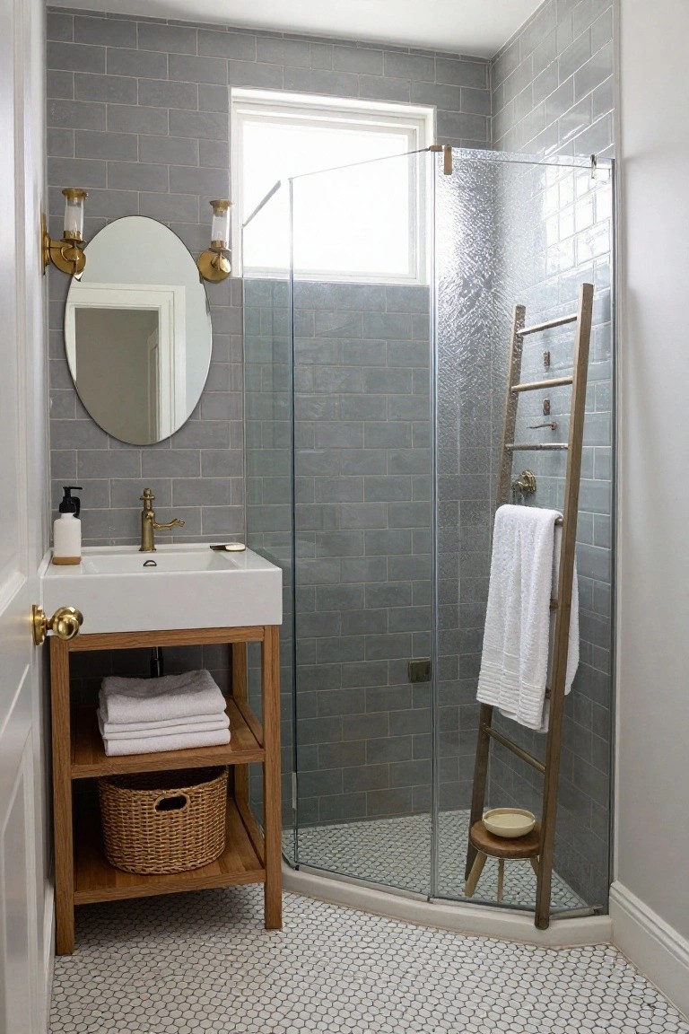 Compact bathroom with gray subway tile walls, white hexagonal floor tiles, oak vanity under white sink with brass faucet, round mirror with sconces, and glass shower enclosure next to wooden ladder holding white towels.
