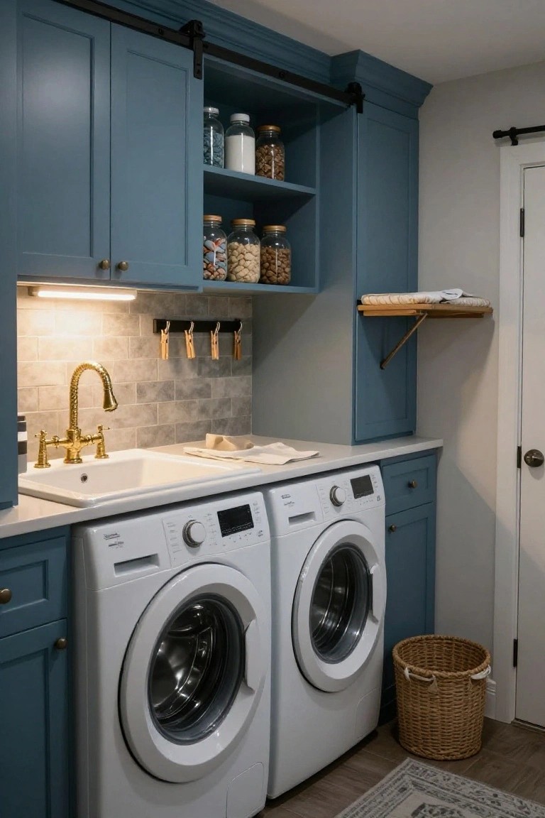 Small laundry room with navy blue cabinets wrapping around white washer and dryer, white utility sink on quartz countertop with gold gooseneck faucet, open upper shelves holding glass jars, wooden folding shelf, and wicker basket on wood floor.