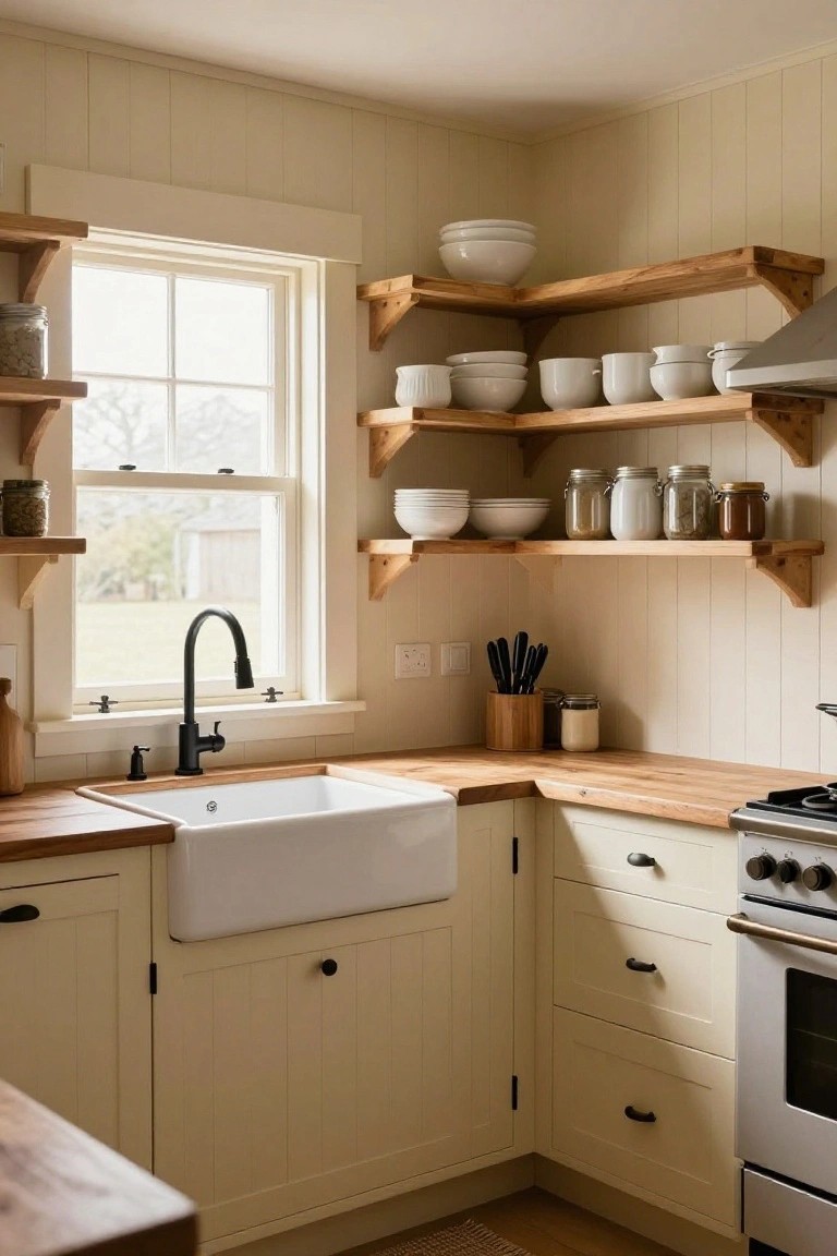 Corner of a cream shiplap farmhouse kitchen with wooden open shelves holding white bowls, glass jars, and utensils, white farmhouse sink, butcher block countertop, and cream cabinets next to a stainless stove.