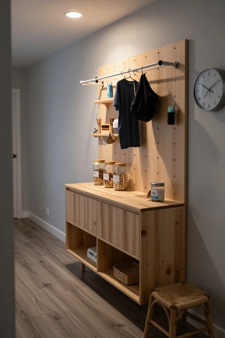 Wooden pegboard wall unit with metal hanging rod, clothes and bags, shelves holding jars and utensils, and low cabinet base in a gray interior hallway with wood flooring and rattan stool.