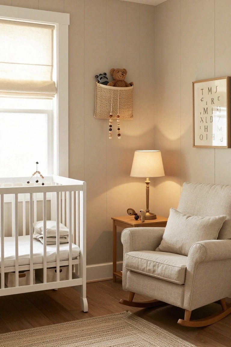 Beige nursery room with white crib, mobile above it, cream rocking chair next to wooden side table and lamp, basket of toys on wall, and framed letters on wall.