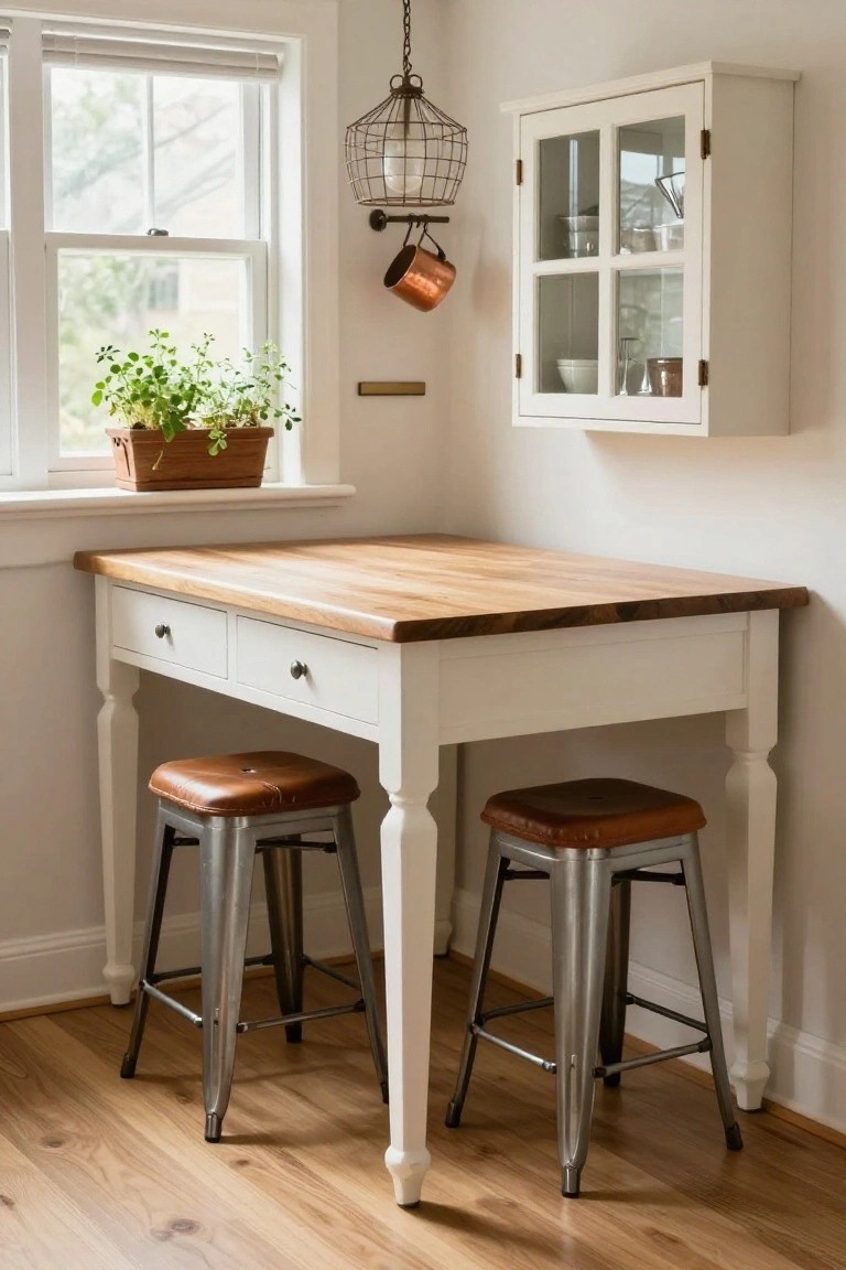 Small white wooden table with light wood butcher block top and two metal bar stools with brown leather seats positioned in a bright kitchen corner next to a window with plants and a hanging copper pot.