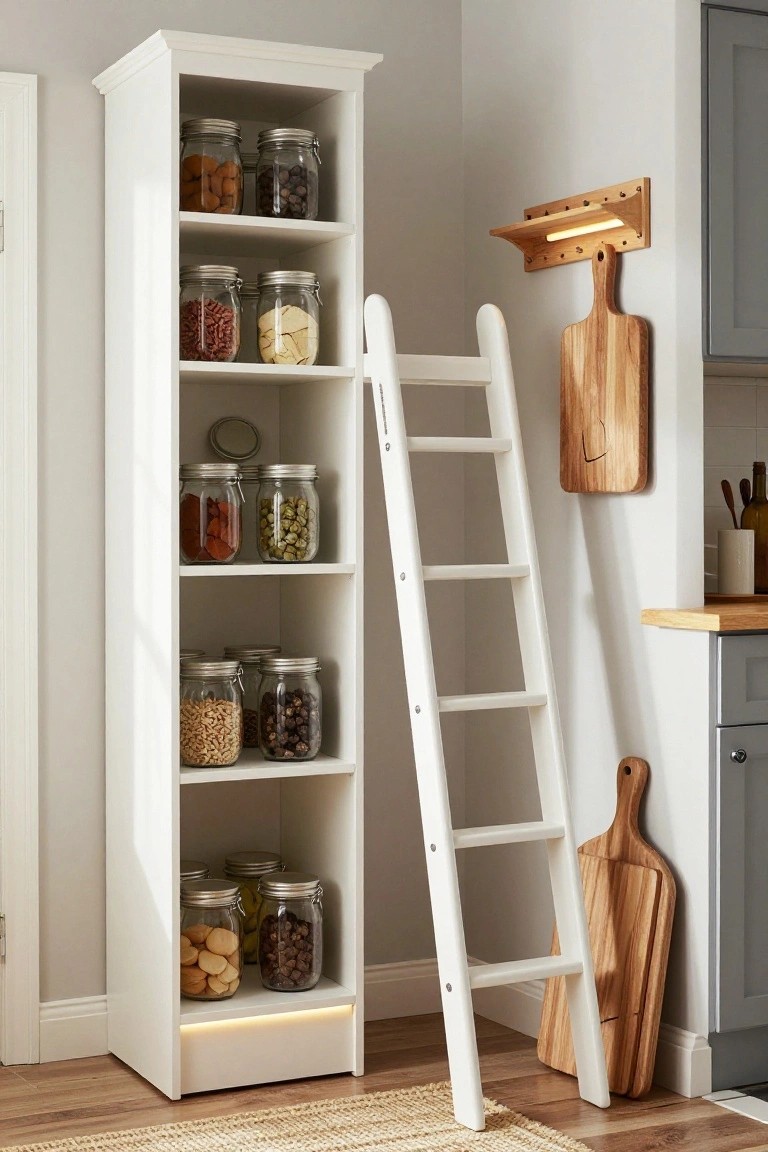 Tall white open shelving unit in a kitchen corner filled with glass jars containing nuts, grains, beans, dried fruits, and cookies, with a white ladder leaning against it and wooden cutting boards hanging nearby.