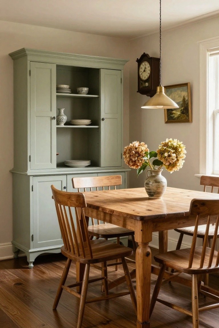 Sage green painted wooden hutch with open upper shelves displaying white dishes and a vase next to a rectangular wooden dining table with four wooden chairs in a beige room with hardwood floors.