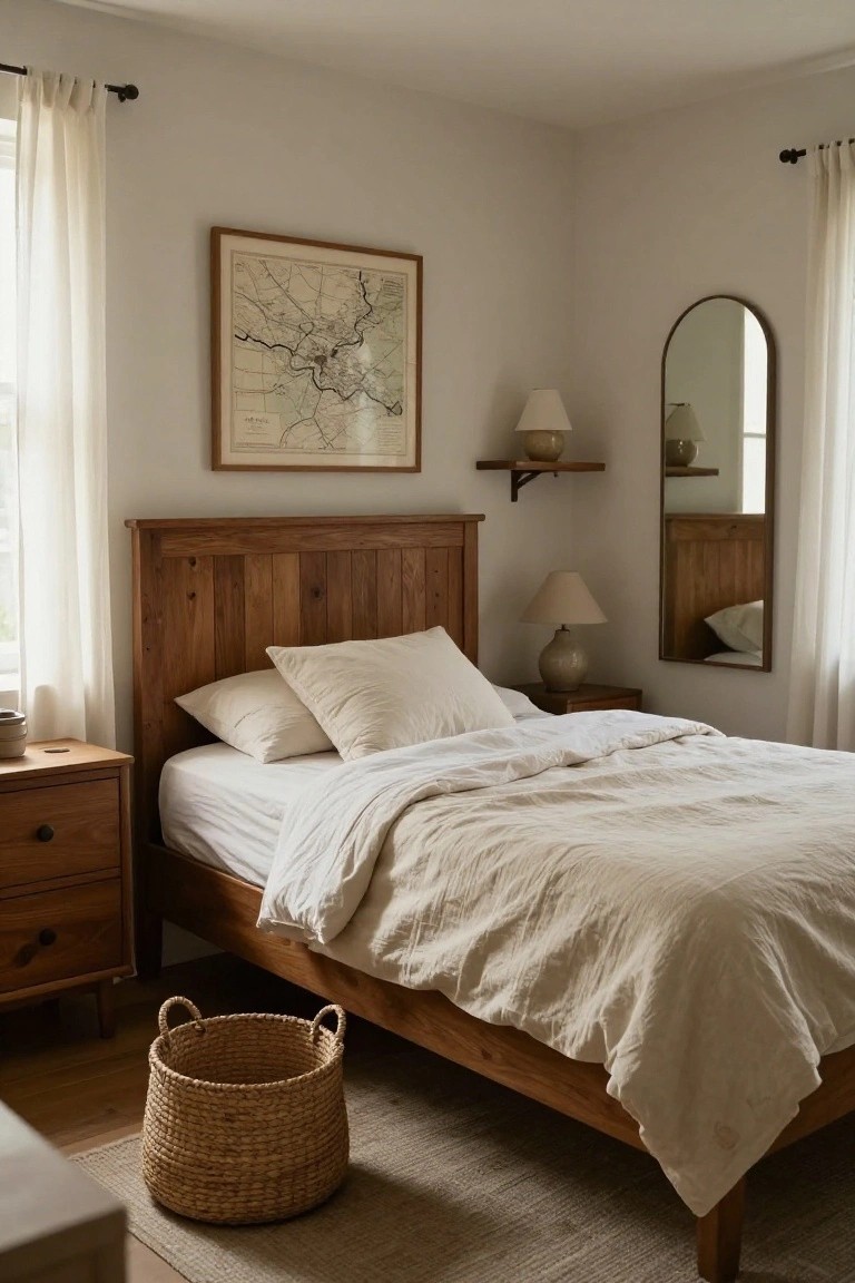A small bedroom with a wooden platform bed covered in white linen bedding, wooden nightstands, sheer curtains on windows, a framed map on the wall, and a woven basket on the floor.