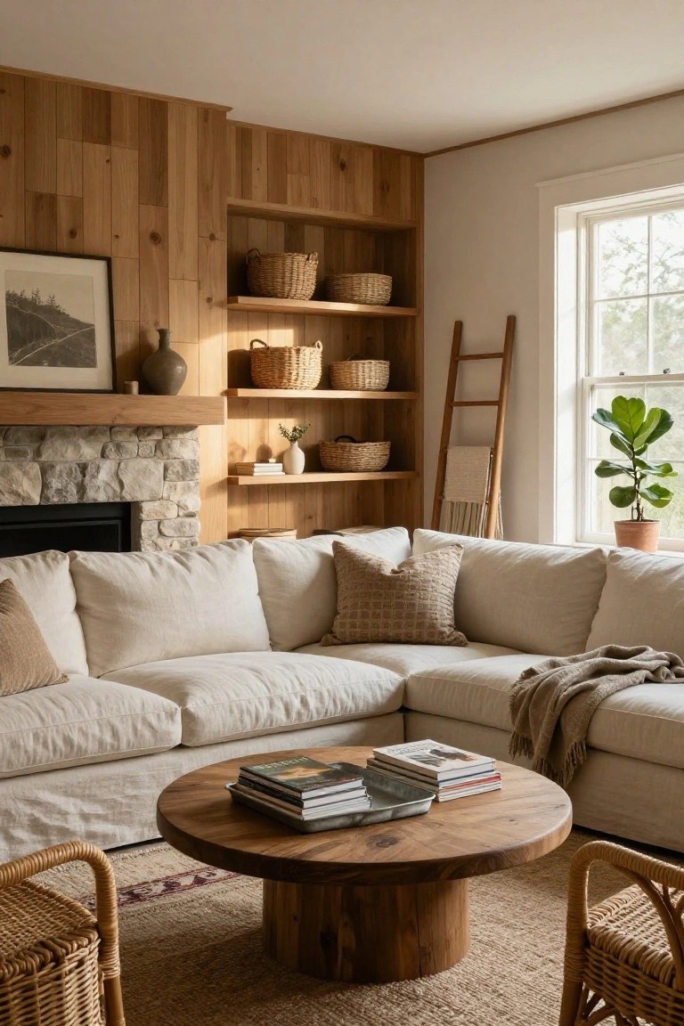 Cozy living room featuring vertical wood-paneled walls, a stone fireplace with black insert, beige linen sectional sofa, round wooden coffee table with books, woven chairs, baskets on shelves, and a fiddle leaf fig plant by the window.