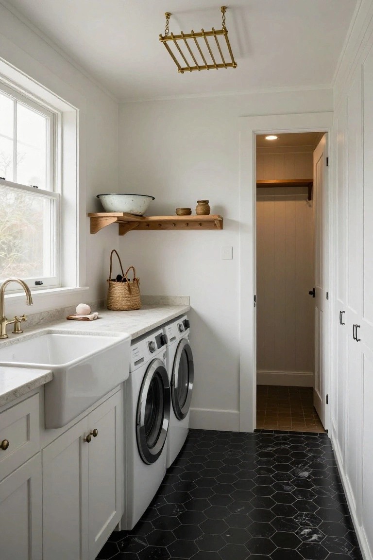 A narrow white laundry room with black hexagonal floor tiles, white farmhouse sink and cabinets with gold faucet and knobs, front-loading washer and dryer, wooden wall shelves holding pottery and baskets, and an open door to a wood-paneled closet.