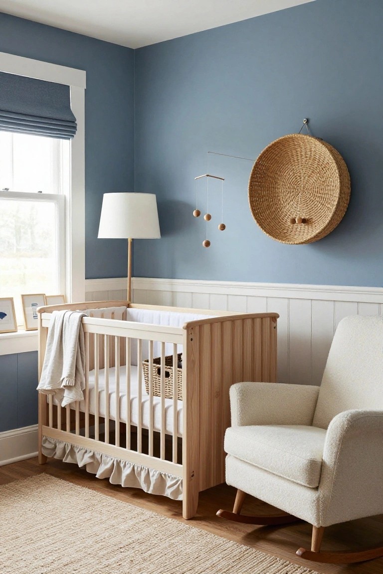 Light blue upper walls meet white vertical wood paneled wainscoting halfway up in a nursery featuring a light wood crib with white bedding, a white upholstered rocking chair, a tall white lamp, and a woven basket wall hanging with wooden ball mobile.
