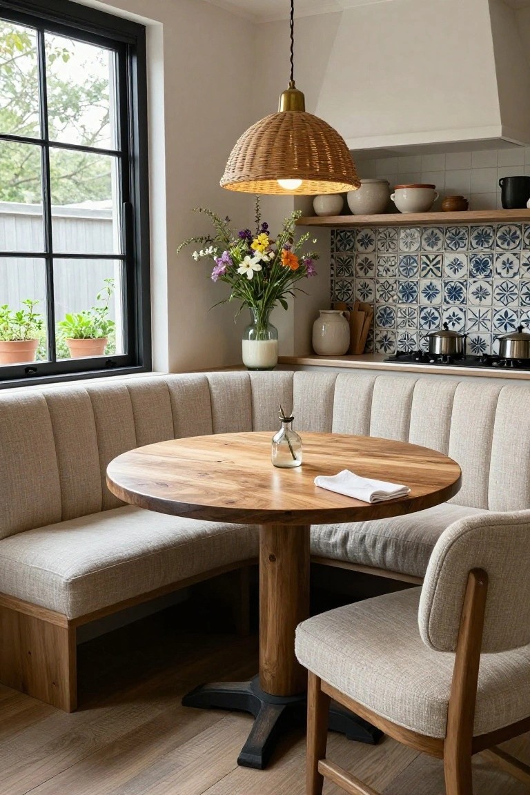A beige tufted booth seat wraps around a round wooden table in a kitchen corner, with a window showing plants outside, blue patterned tiles on the wall, and a woven pendant light overhead.