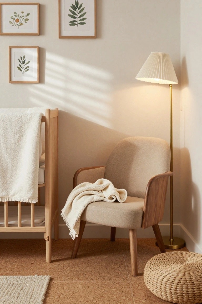Corner of a nursery with light beige walls, wooden crib draped in white blanket, beige fabric armchair with white throw and wood arms, gold floor lamp with white pleated shade, framed botanical prints, woven pouf, and cork flooring.
