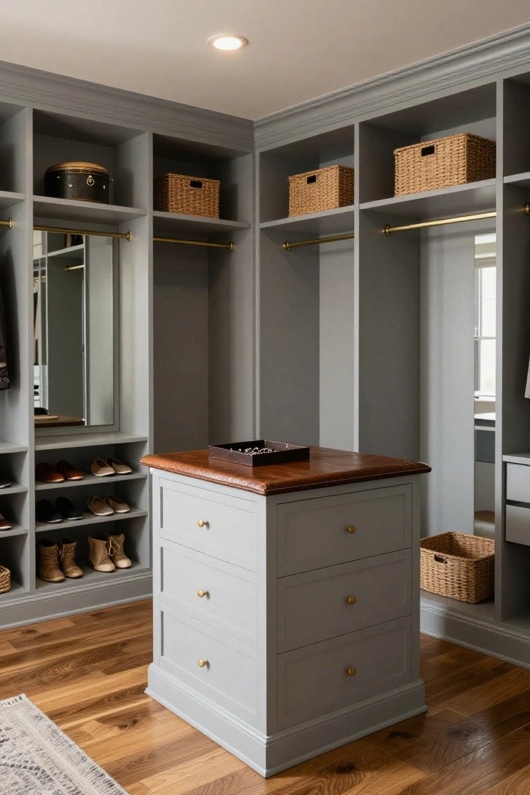 Gray built-in wardrobes and shelves in a corner walk-in closet with brass hanging rods, wicker baskets, shoes on lower shelves, full-length mirrors, and a central freestanding gray chest topped with wood and leather.