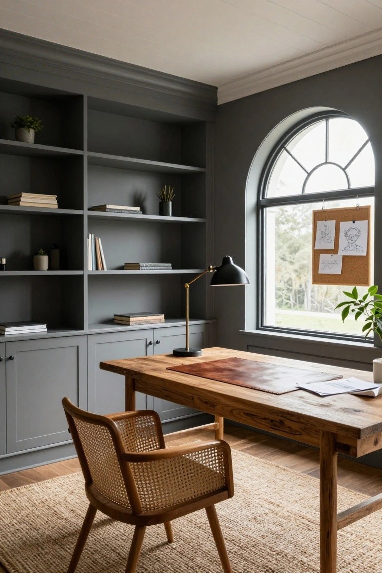 Home office with dark gray built-in bookshelves and cabinets, rustic wooden desk, rattan chair, desk lamp, and arched window with corkboard and plants.