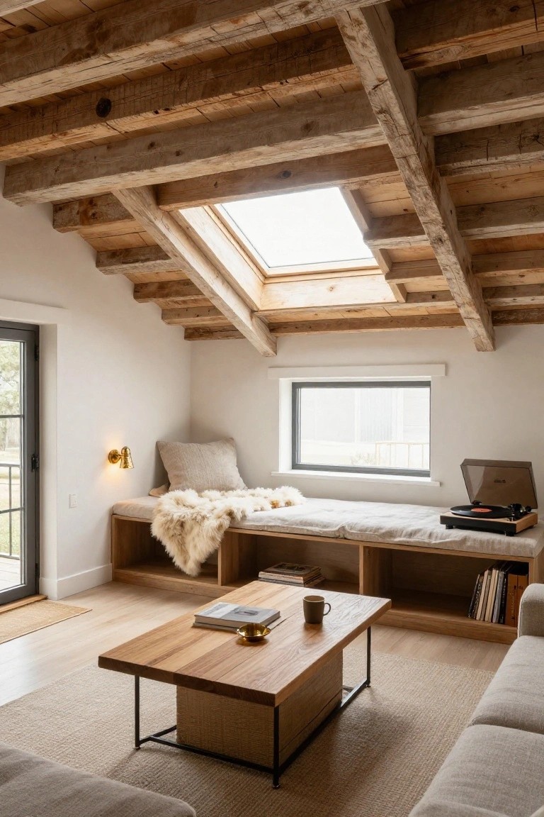 Modern farmhouse interior room featuring vaulted ceiling with exposed wooden beams and skylight, built-in wooden bench under window with cushions and fur throw, low wooden coffee table, books, mug, and beige sofa on light wood floor.