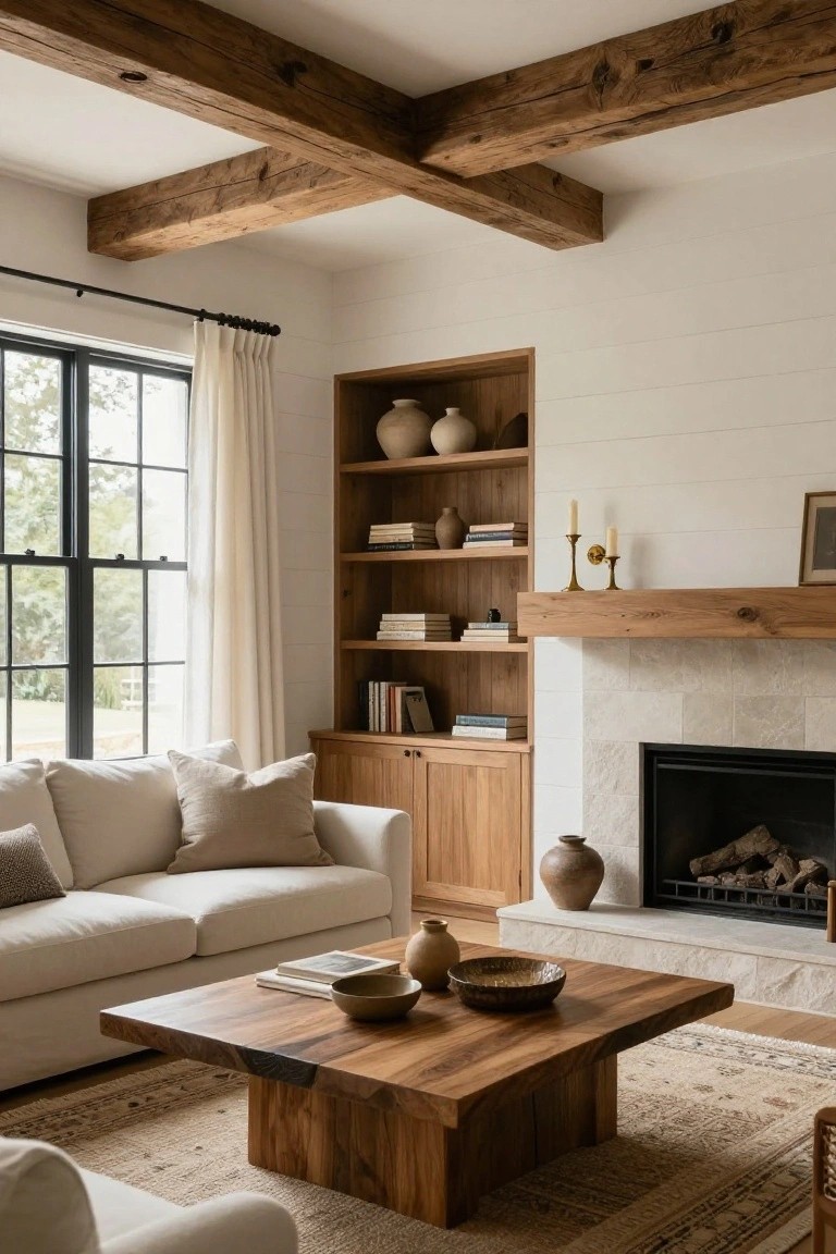 A living room interior with dark exposed wooden ceiling beams, white shiplap walls, wooden built-in bookshelves flanking a beige stone fireplace with wooden mantel, beige sofa, wooden coffee table, and large black-framed windows with white curtains.