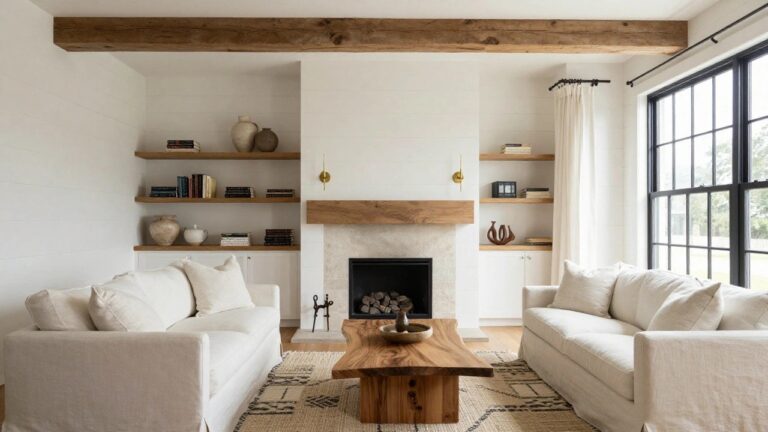 20 Luxurious Modern Farmhouse Interior Designs That Feel High End A living room interior with dark exposed wooden ceiling beams, white shiplap walls, wooden built-in bookshelves flanking a beige stone fireplace with wooden mantel, beige sofa, wooden coffee table, and large black-framed windows with white curtains.