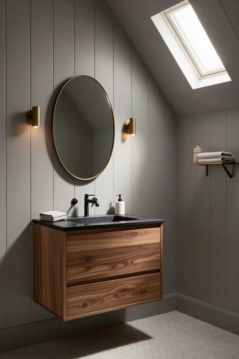Modern bathroom with gray shiplap walls, floating walnut wood vanity cabinet with black stone countertop and sink, large round gold-framed mirror, matching gold wall sconces, small shelf with towels, and skylight above.