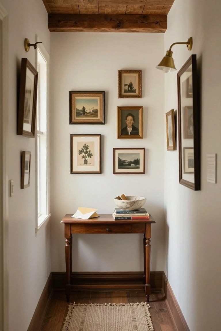 Narrow white hallway with exposed wooden ceiling beams, an eclectic wall of variously sized and styled framed artworks including portraits, landscapes, and botanical prints, a wooden console table with stacked books, a yellow envelope, and white bowl, a light-colored jute runner on wood flooring, and wall sconces.
