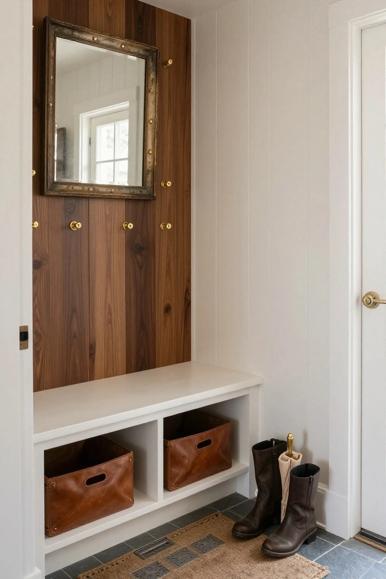 Wood-paneled mudroom wall with brass mirror and hooks above a white built-in bench featuring leather basket cubbies underneath, tall boots and umbrella on the slate tile floor by a white door.