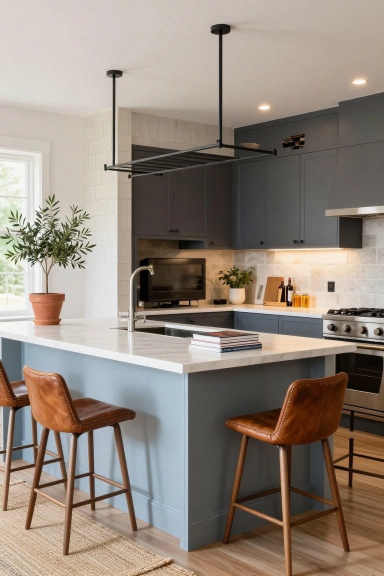Modern farmhouse kitchen featuring dark gray upper cabinets, a pale blue lower island with white quartz countertop and sink, tan leather barstools, olive tree in terracotta pot, and beige rug on wood floor.