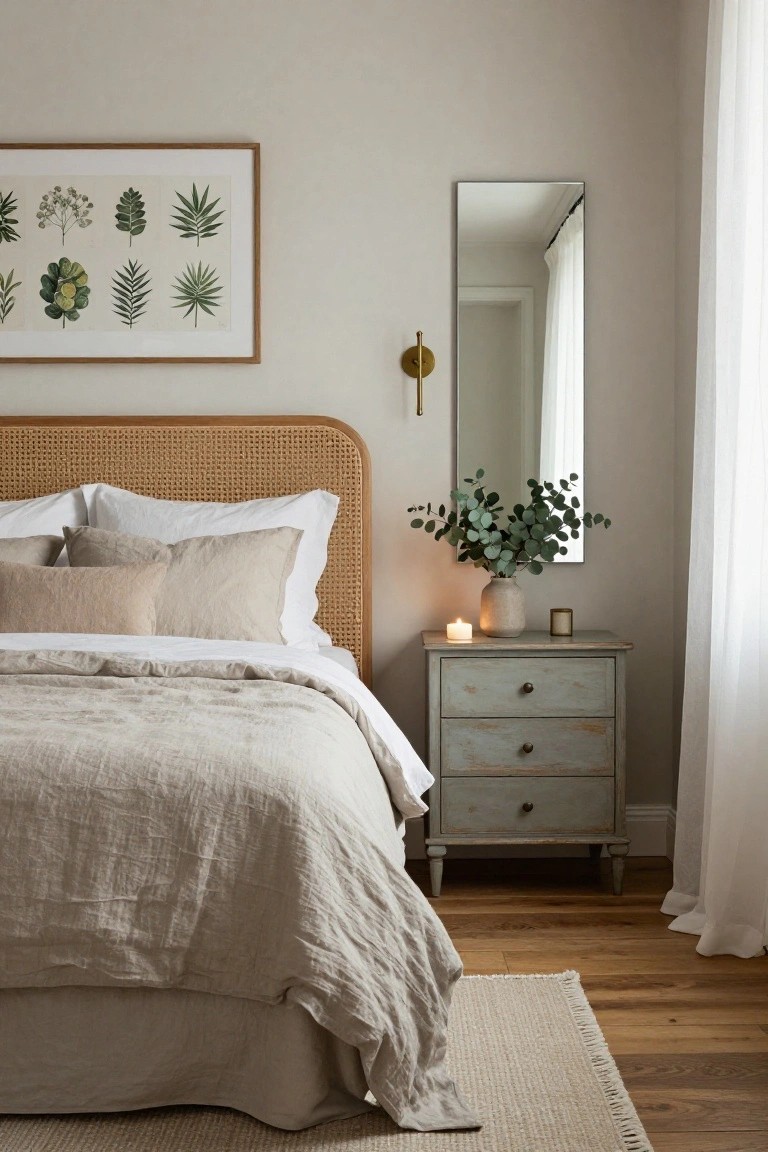 Bedroom corner with beige rattan headboard on a bed dressed in white and linen sheets and pillows, beside a distressed blue-gray wood nightstand holding a beige vase of eucalyptus leaves, a white candle, and small gold candle holder, slim silver mirror on wall, botanical leaf artwork in wood frame above, sheer white curtains at window, and light wood floors with beige rug.