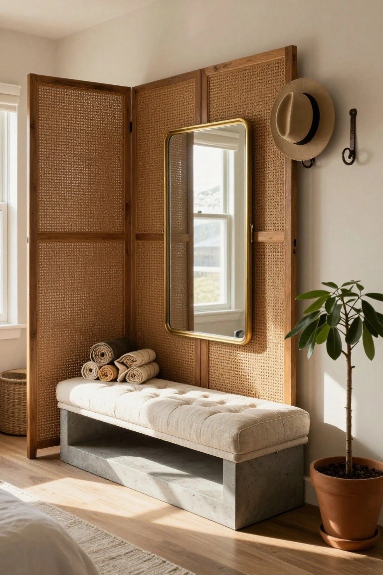 Bedroom corner with two folding rattan screens on wood frames, gold-framed mirror mounted on one screen, tufted white bench on concrete base holding rolled towels, potted plant in terracotta pot, beige hat on wall hook, and window light.