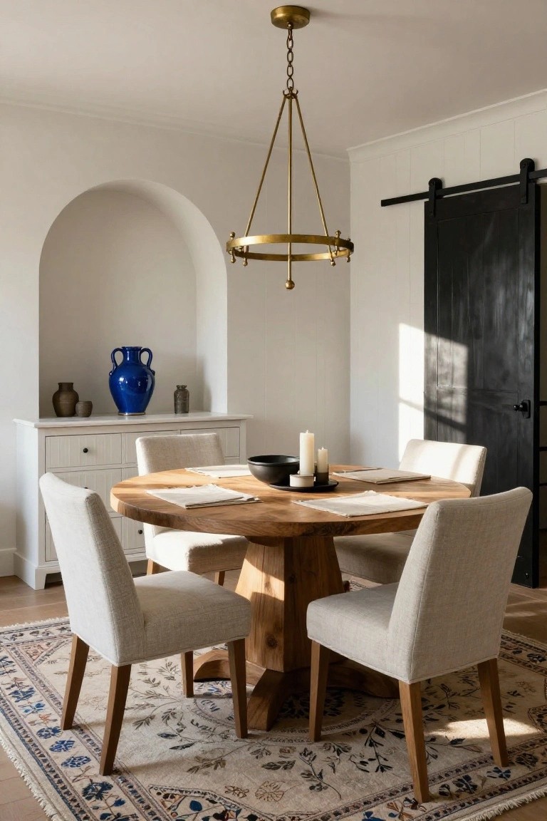 Round wooden dining table with four beige upholstered chairs in a white-walled room featuring a gold chandelier, arched niche with blue vase and pottery, white credenza, black barn door, and blue-and-beige Persian rug on oak floors.