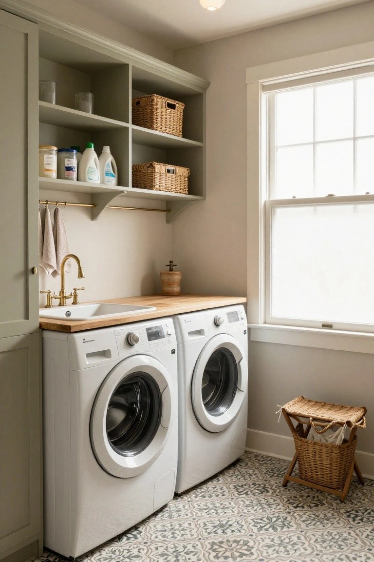 Laundry room with sage green cabinets above two white front-loading washers, wooden countertop utility sink with brass faucet, open shelves holding baskets and detergent bottles, and patterned tile floor.