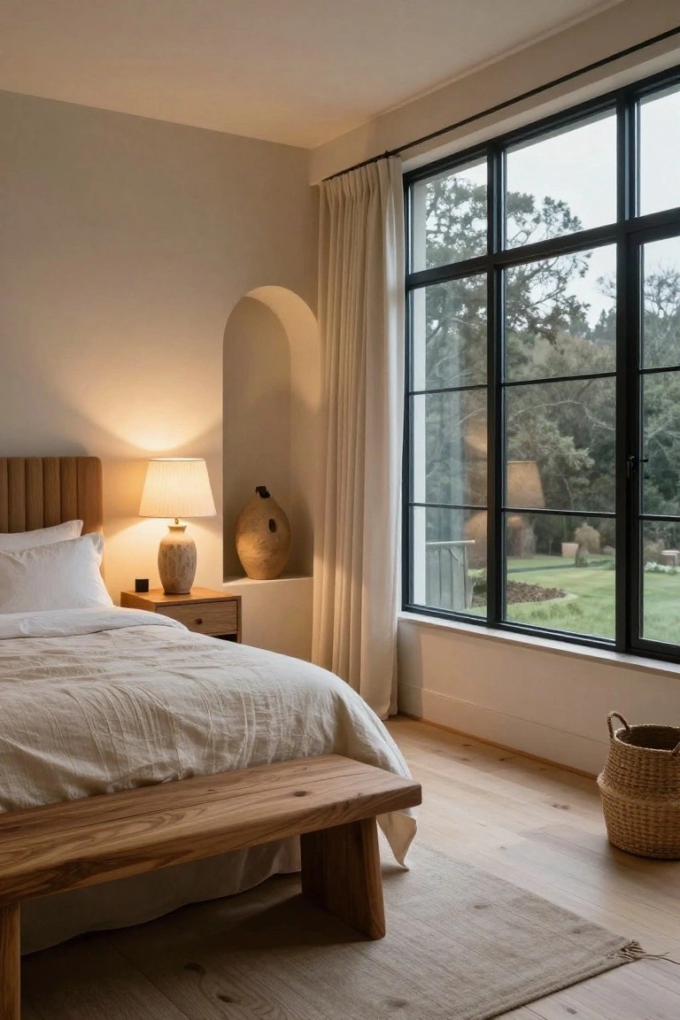 Neutral bedroom interior with a white linen bed on wooden frame, oak nightstand with lamp, arched niche with pottery vase, wooden bench at bed foot, and large black steel-framed windows overlooking wooded garden and lawn.