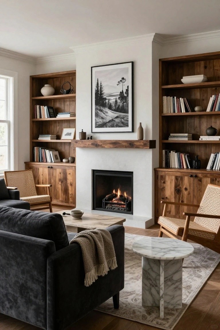 Living room with dark wood built-in bookshelves and cabinets flanking a white stone fireplace containing a gas fire, navy sofa with throw, rattan chairs, marble side table, and area rug on wood floor.