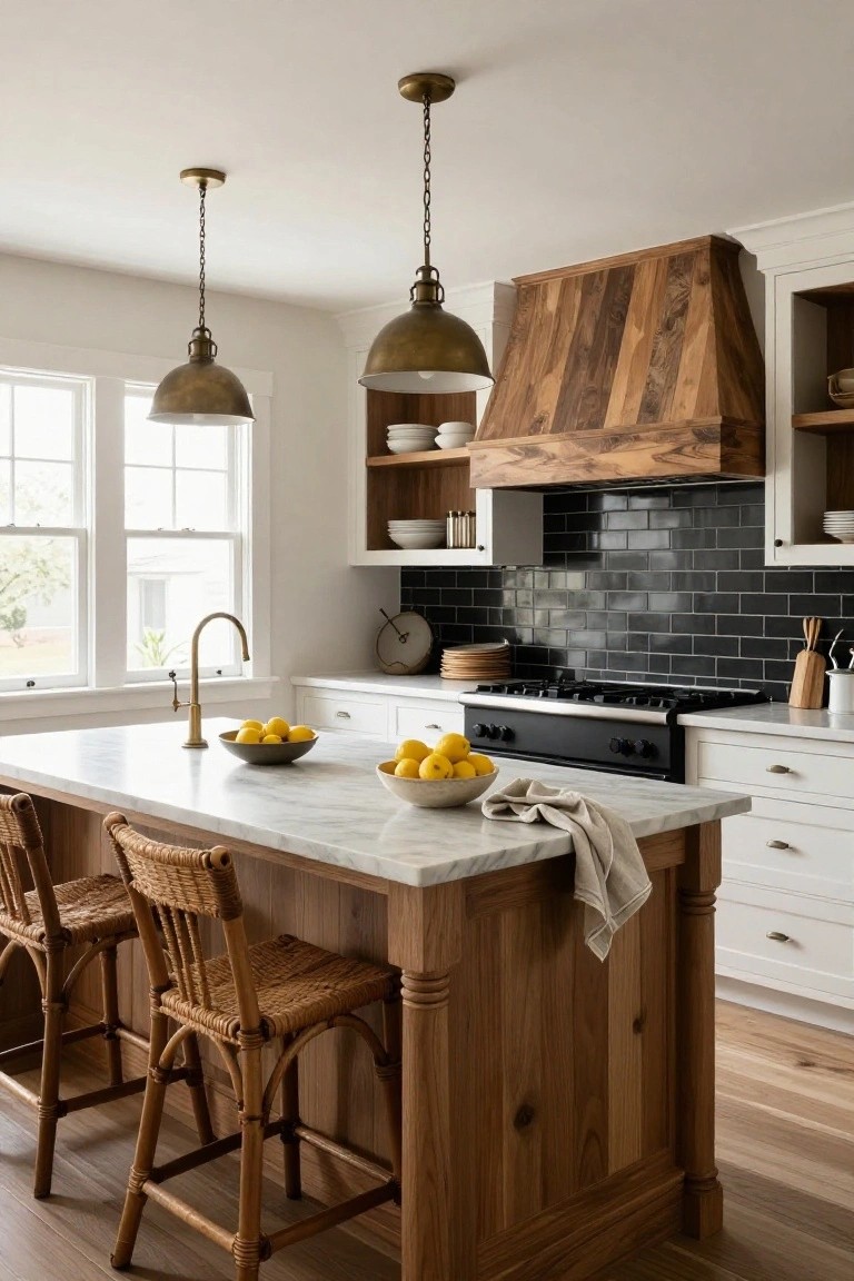 Modern farmhouse kitchen with wooden slat range hood over black gas range, white shaker cabinets, black subway tile backsplash, marble-topped wood island with rattan stools, and brass pendant lights.