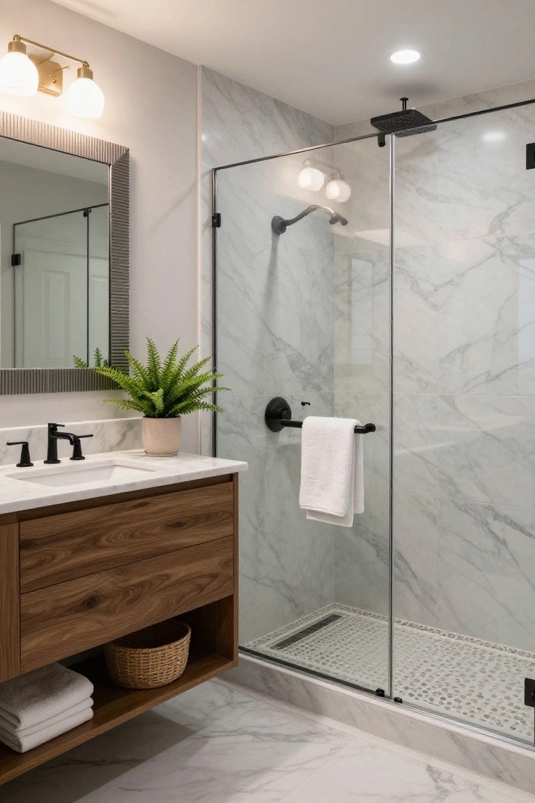 Modern bathroom interior with brown wood floating vanity, white marble tiles on walls floor and shower, frameless glass shower enclosure, black fixtures, and potted ferns.