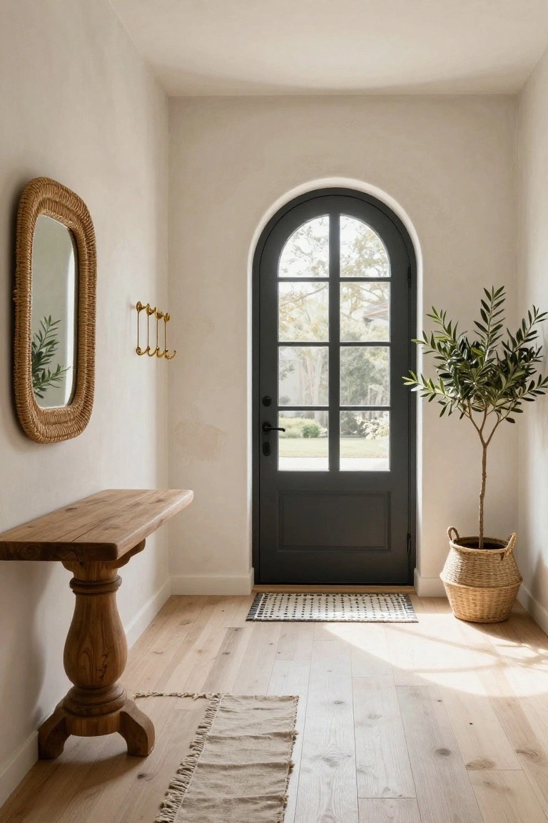 Entryway with tall arched black front door featuring window panels, wooden console table on pedestal base, oval rattan mirror with brass hooks, potted olive tree in basket, and light oak flooring.