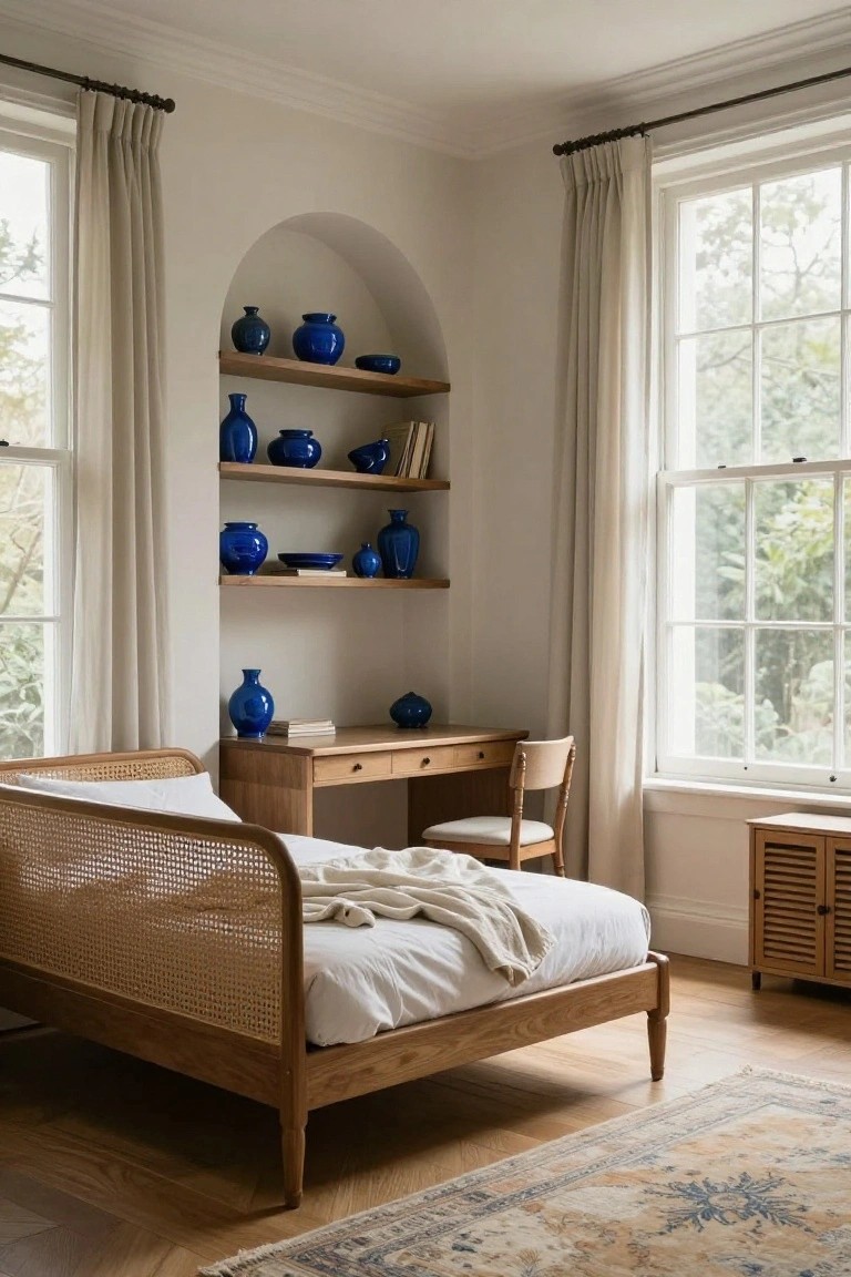 Light-filled bedroom interior with arched wall niche displaying assorted blue ceramic vases, bowls, and plates on wooden shelves, rattan bed frame with white bedding, oak desk and chair, cream curtains on tall multipane windows overlooking greenery, wooden cabinet, and patterned rug on oak floors.