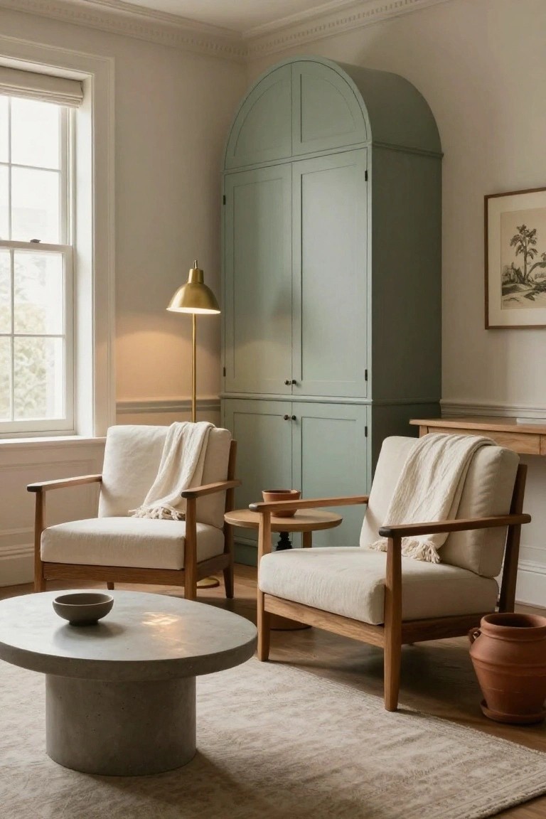 Light-filled room with tall arched sage green cabinet, two cream linen-upholstered wooden armchairs with white throws, round concrete coffee table holding a bowl, small wooden side tables with pots, gold floor lamp, console table, framed botanical print, and terracotta pot on beige rug.