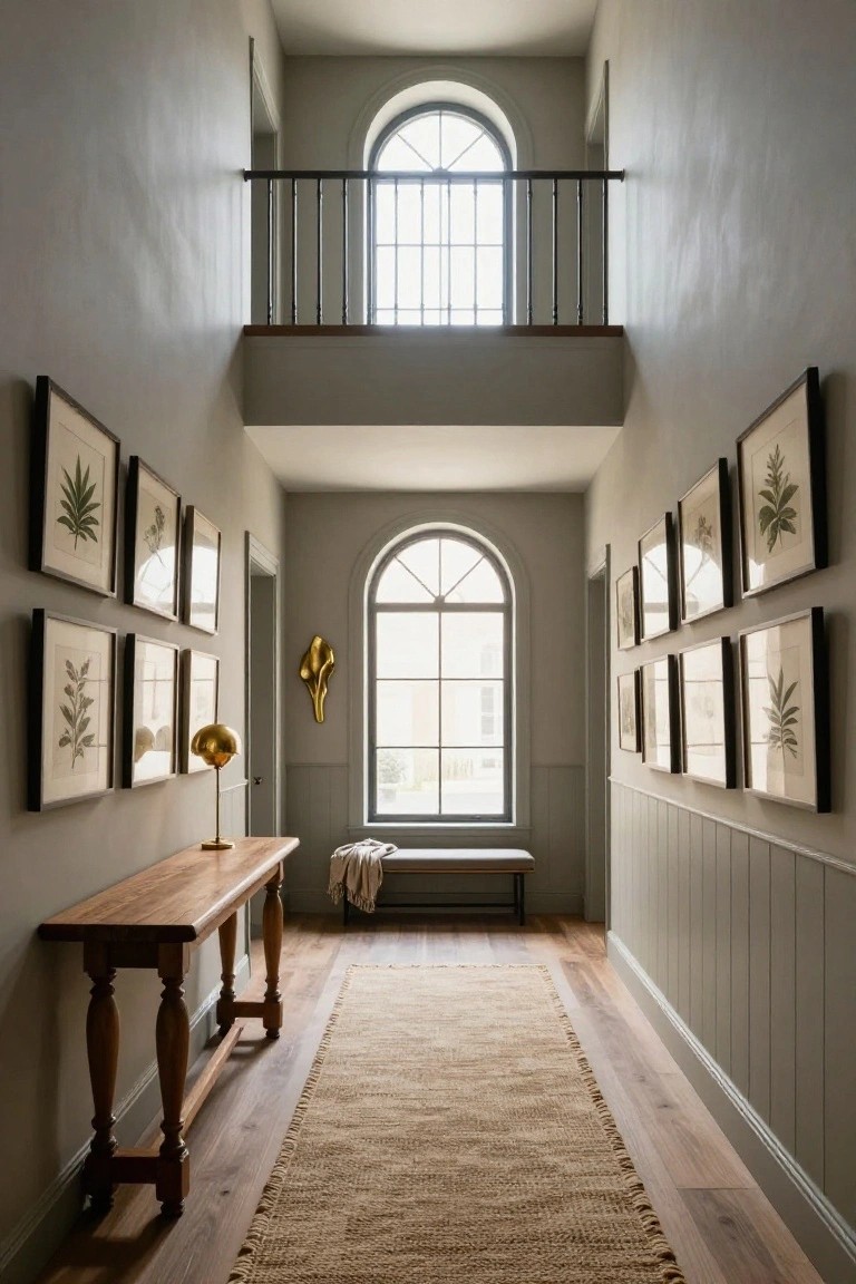 Tall interior hallway with pale gray walls and wainscoting, symmetrical grids of framed botanical prints on both sides, wooden console table topped with brass lamp and throw, bench seat, arched window, and beige runner rug on oak floors.