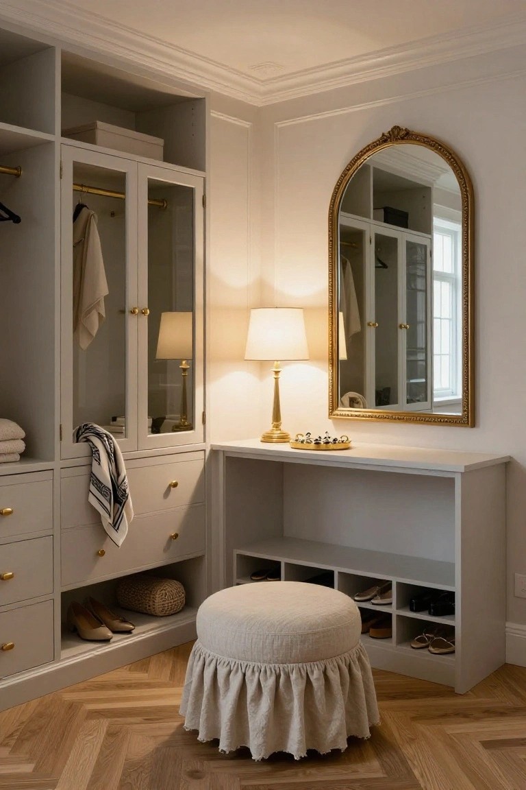 Corner of a light gray built-in walk-in closet with glass-door cabinets holding clothes, white vanity desk with gold lamp and tray, large gold arched mirror on white wall, cream skirted pouf stool, and open shoe shelves on herringbone oak floor.
