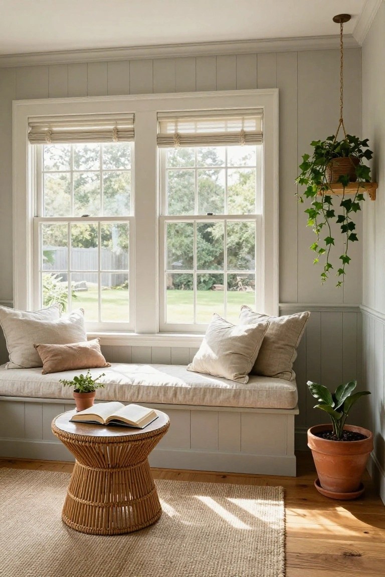 Light gray shiplap-walled room with built-in cushioned window seat under two large double-hung windows overlooking a green yard, featuring throw pillows, small rattan table with open book, potted plants, and hanging ivy.