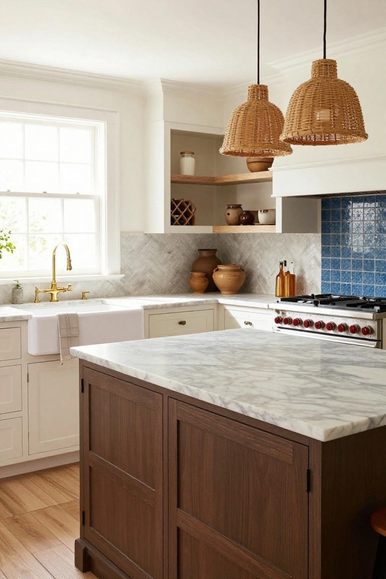 White kitchen with shaker-style cabinets, dark wood island topped with marble countertop, gold faucet over white farm sink, herringbone tile backsplash transitioning to blue tiles behind gas range, rattan pendant lights, open wood shelves with pottery, and hardwood floors.