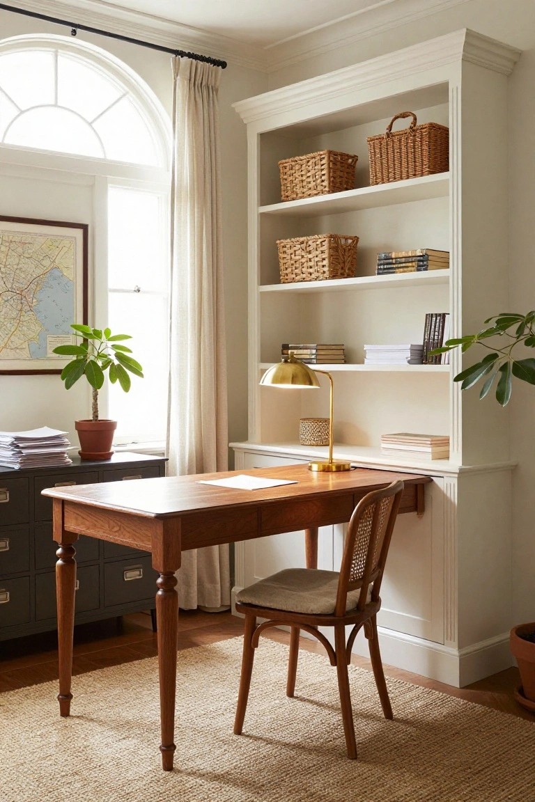 A wooden desk integrated into white built-in bookshelves in a light-filled room with wicker baskets, potted plants, a brass lamp, stacked papers, and beige curtains on an arched window.