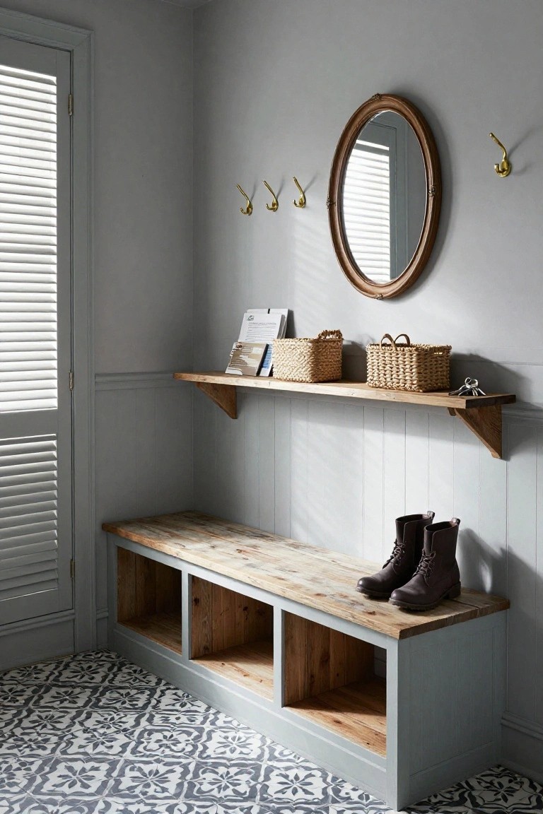 Light blue-grey painted wooden bench with open cubbies and rustic top against paneled wall in entryway, brown leather boots on bench, wooden shelf with wicker baskets and keys above, brass hooks, oval wood mirror, shuttered door, and blue-white patterned tile floor.