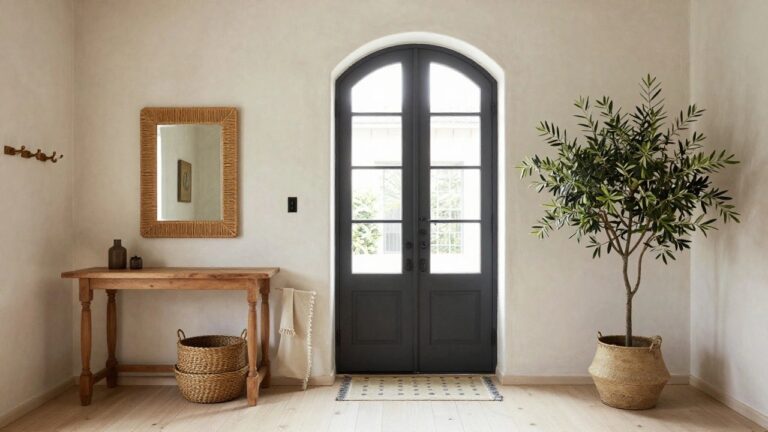 Entryway with tall arched black front door featuring window panels, wooden console table on pedestal base, oval rattan mirror with brass hooks, potted olive tree in basket, and light oak flooring.