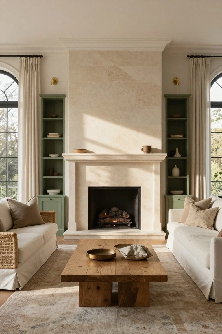 Living room with beige stone fireplace flanked by tall sage green built-in bookcases holding books, ceramics, and plants, white slipcovered sofas with beige pillows, wooden coffee table, beige rug, and arched windows with cream curtains.