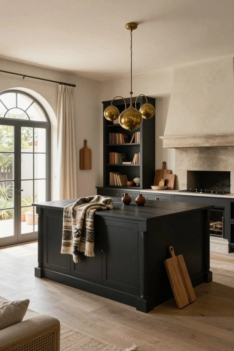 Kitchen interior with black central island on turned legs draped with a striped blanket, gold pendant lights overhead, dark wood cabinets, bookshelves, beige stone fireplace, and arched French doors to garden.