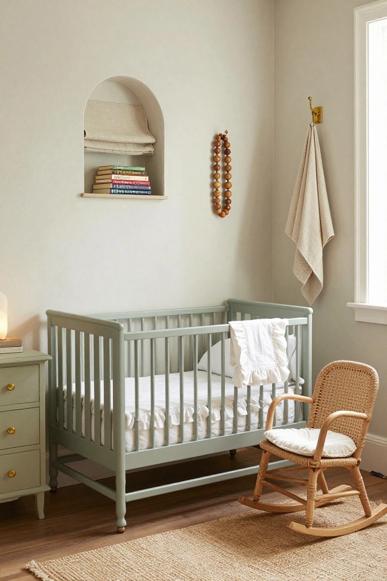 Nursery room with sage green wooden crib, rattan rocking chair, small green dresser, white bedding, beige walls, arched niche shelf with books, hanging towel and beads, jute rug on wood floor.