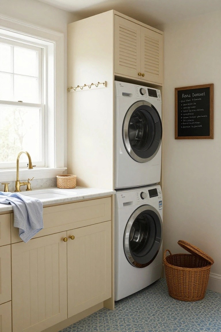 Laundry room interior with stacked white front-loading washer and dryer beside cream cabinets enclosing a white marble sink with gold faucet, window, woven basket, and blue patterned tile floor.