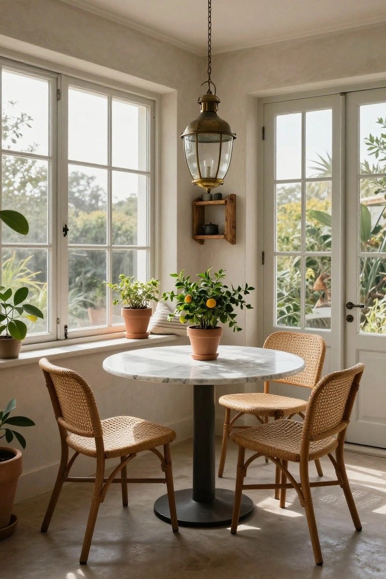 Sunlit indoor dining corner featuring a round white marble-topped table with four rattan chairs, surrounded by potted plants, near large windows and doors overlooking greenery.