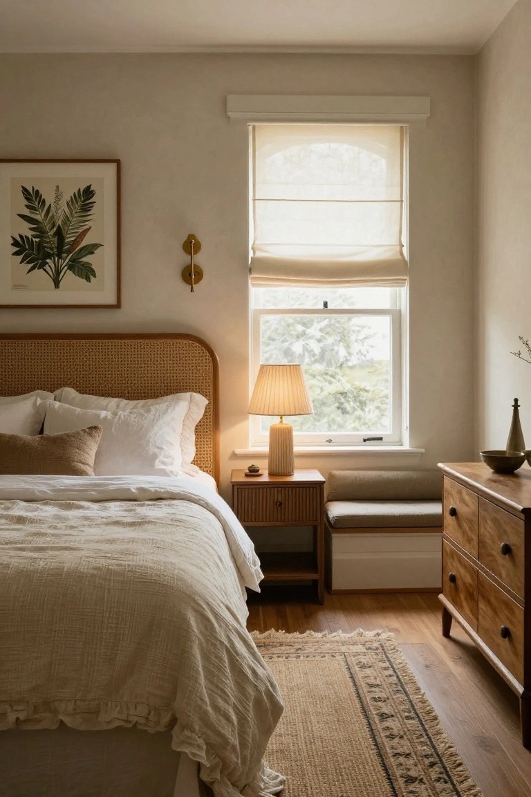Bedroom with curved rattan headboard, white pillows and beige linens on bed, wood nightstand with lamp, built-in bench, dresser, sheer shades on arched window, and potted plant.